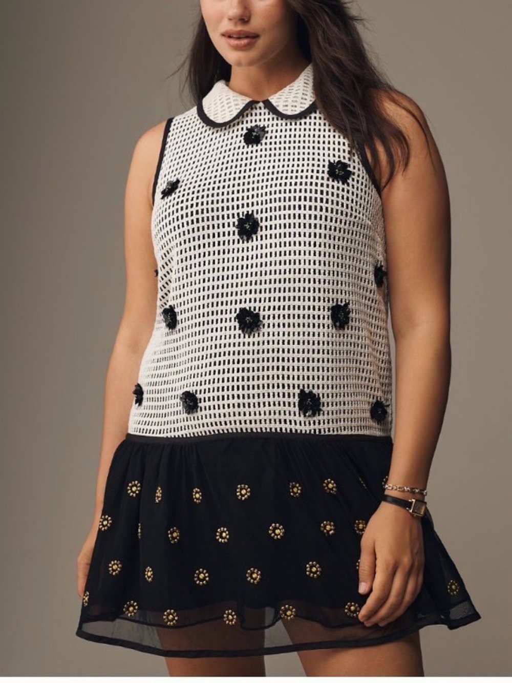 Maeve White Crochet mini dress with Black Trim and Black Floral Accents